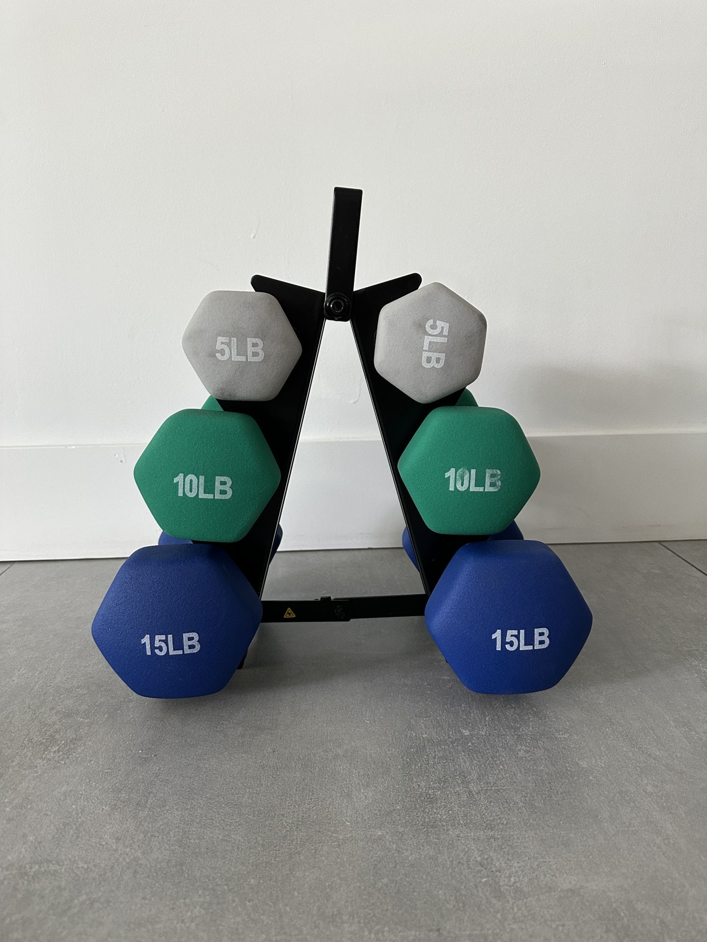 Dumbbell Free Hand Weight Set with Rack 5, 10, and 15 Pound Neoprene