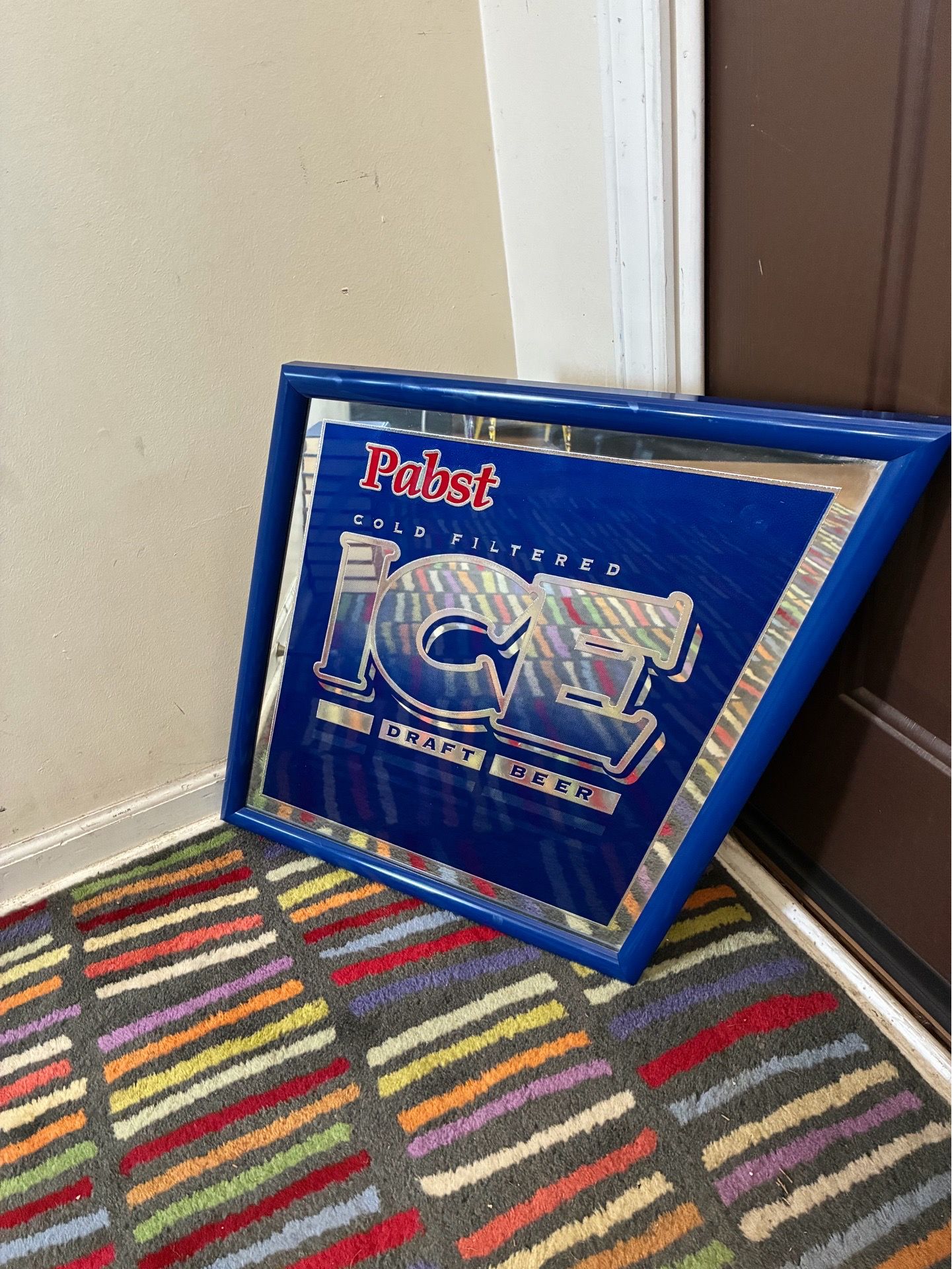 Vintage Pabst Beer Advertising Mirror Ice Cold Filtered Draft Beer Blue Frame-Pabst Brewing Co.