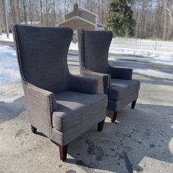 Nice Pair of Matching Gray Fabric Wingback Chairs