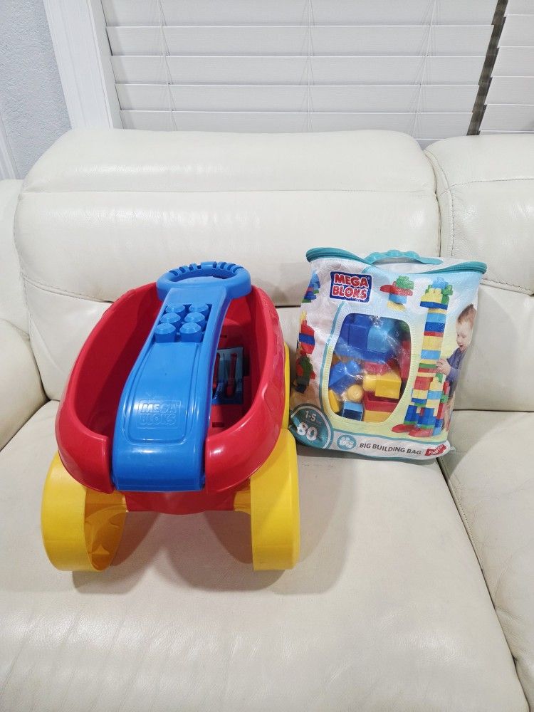 Mega Bloks Scooping Wagon And 80 Pcs Bag. 