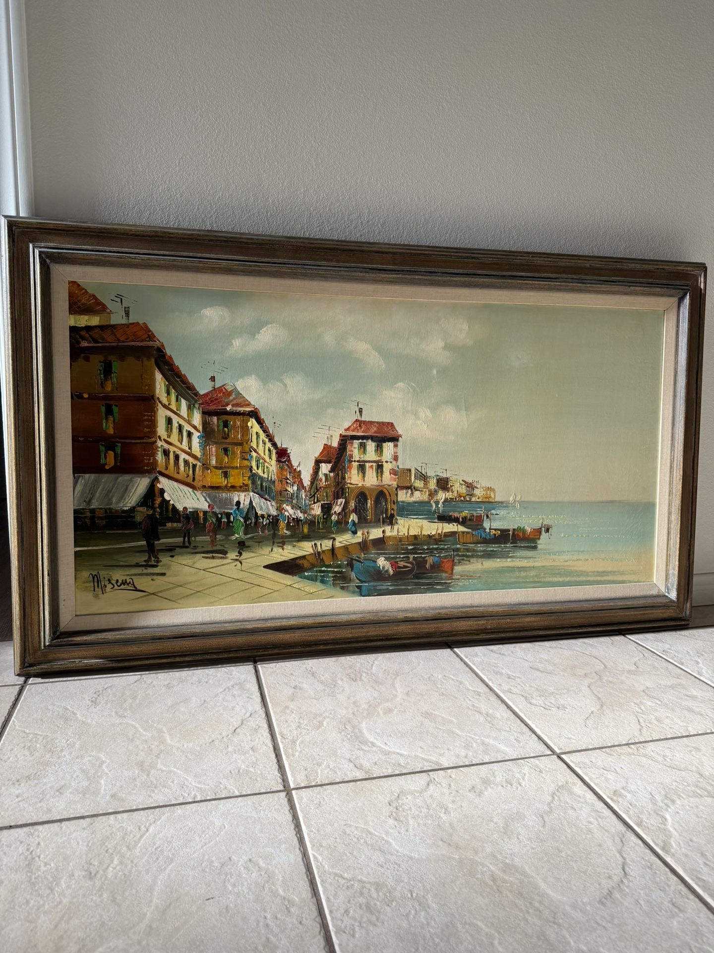 Large Vintage Oil Painting – European Harbor Street Scene – Signed “Misem”
