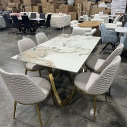 Modern Stylish Sintered Stone Dining Table with 6 Chairs / Mesa de comedor de piedra sinterada moderna y elegante con 6 sillas