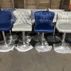 Gray/ Navy Blue Barstools, Adjustable Height Bar Stools with Nailhead Trim Velvet Barstools $40 Each