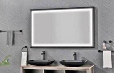New in Box 84x48 in LED Wall Mount Mirror Oversized Black Framed Anti-Fog Dimmable
