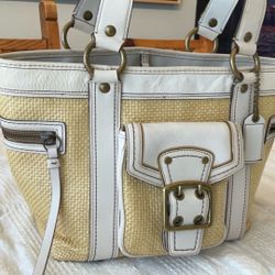 Vintage Coach Cream & White Legacy Straw Shoulder Bag Medium Size 