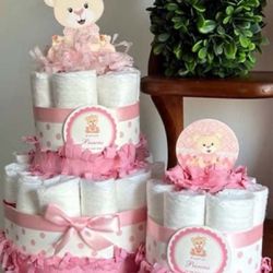 PINK TEDDY BEAR ROYAL PRINCESS girl spring baby shower diaper cake centerpiece