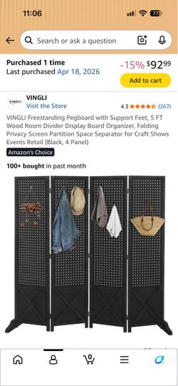 VINGLI 5-Ft Folding Pegboard Room Divider – Black