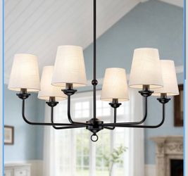 Brand New Farmhouse Black Dining Room Light Fixture, 6-Light Classic Modern Chandelier with White Fabric Shade, 32" Kitchen Chandeliers Over Table for