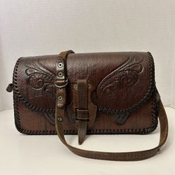 Beautiful Vintage Embossed Handmade Brown Leather Purse Bag Satchel Crossbody