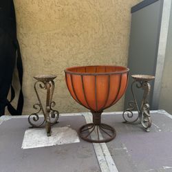 Pedestal bowl/vase with matching candle holders.