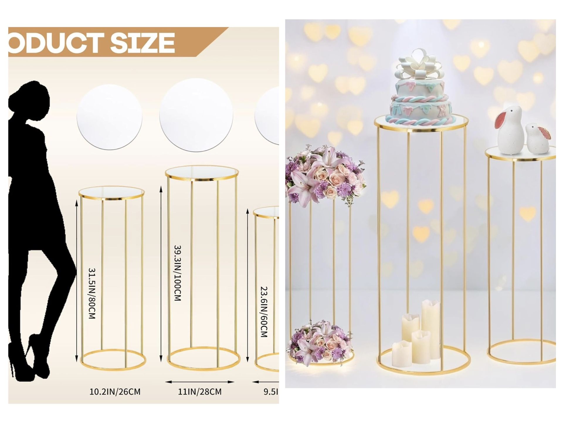 3pcs Gold Metal Plant Stand, Cylinder Pedestal Stands for Party, Metal Plant Columns Pedestal Stands for Display, Round Cylinder Columns tables for We