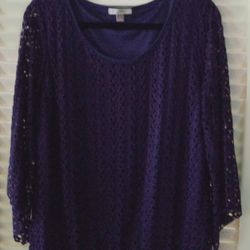 roz & ALI Women's  Lace Purple Blouse 3/4 Sleeve Size L Waist Elastic. 