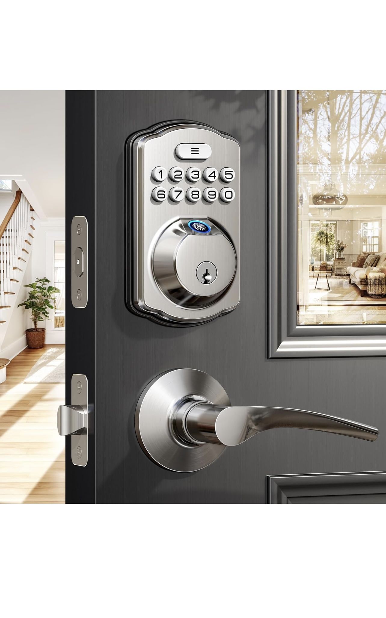 Veise Fingerprint Door Lock with 2 Lever Handles - Keyless Entry Door Lock, Electronic Keypad Deadbolt, Digital Smart Code & Front Handle Sets