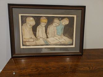 Irving Amen "Students" Signed Woodcut – Framed Limited Edition