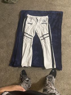 White Distressed Jeans with Black Side Stripes