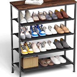 Z&L HOUSE 5 Tier Shoe Rack Organizer for Entryway, Sturdy Black Metal Framed Free Standing Shoe Shelf, Uniquely Versatile and Spacious Wood Top Storag