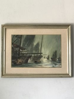 KAM CHEONG LING HARBOR SEASCAPE BOAT PAINTING 1950s ASIAN CHINESE ARTIST