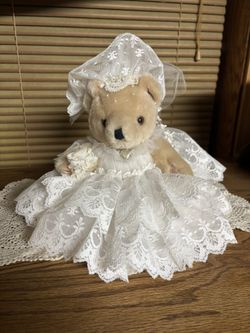 Vintage 1980’s 10” Jointed Teddy Bear In Wedding Dress