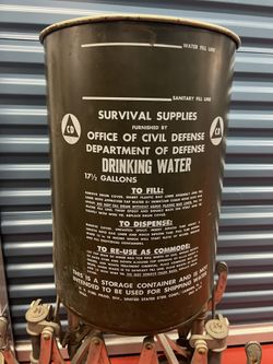 17.5 Gallon Empty Metal Barrel Labeled Civil Defense Department Drinking Water