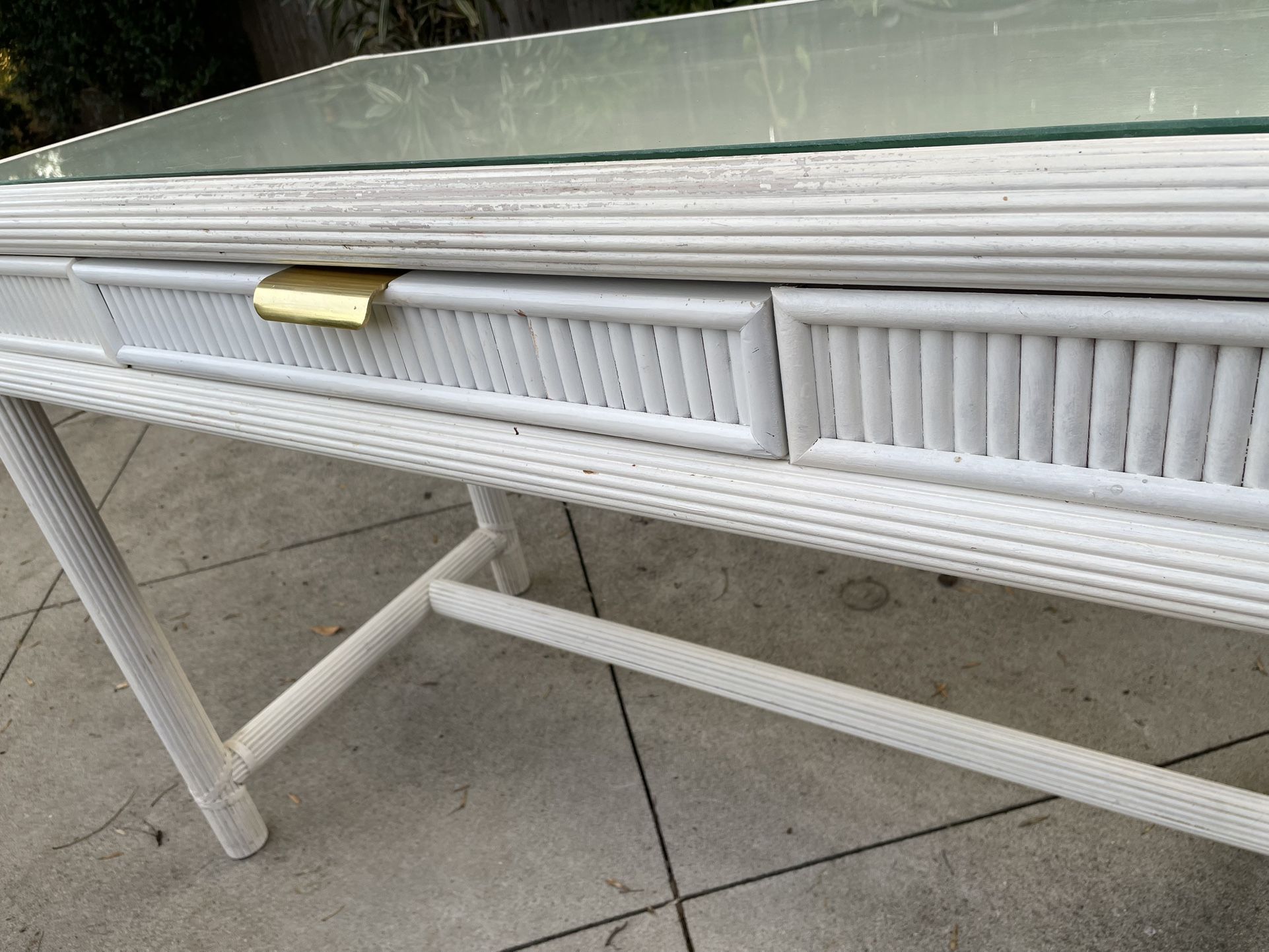 Rattan Wood Desk With Glass Top 