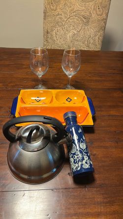 Wine glasses world market chip tray  tea kettle