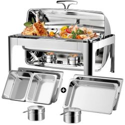 Roll Top Chafing Dish Buffet Set with 1 Full-Size 2 Half-Size Pans and 14QT Water Pan