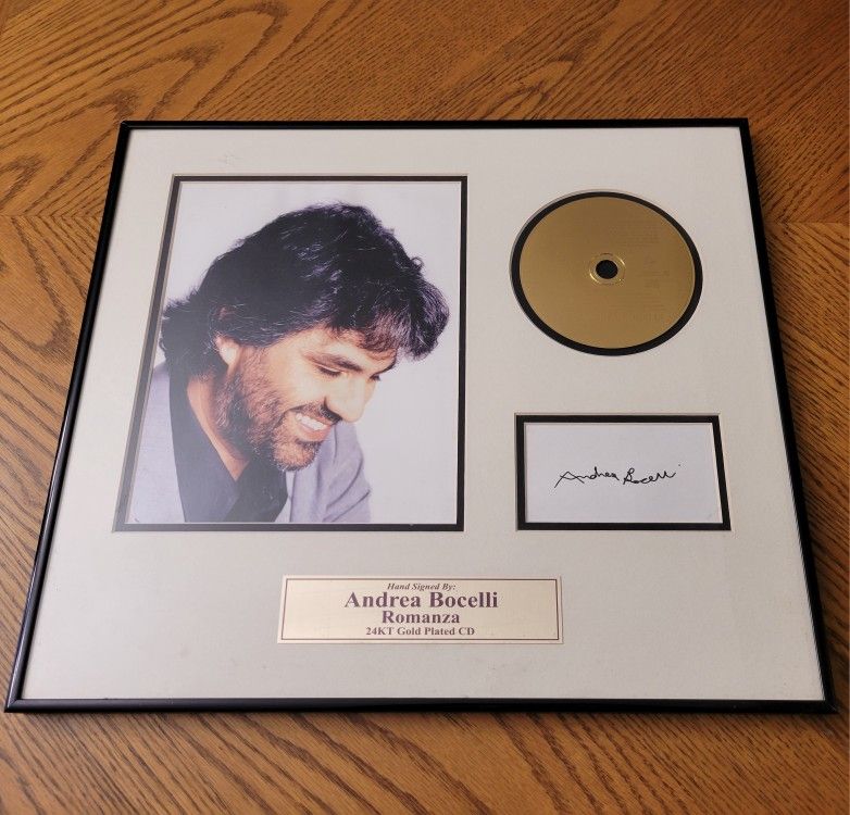 Andrea Bocelli Hand Signed Card + Romanza 24K gold Plated CD