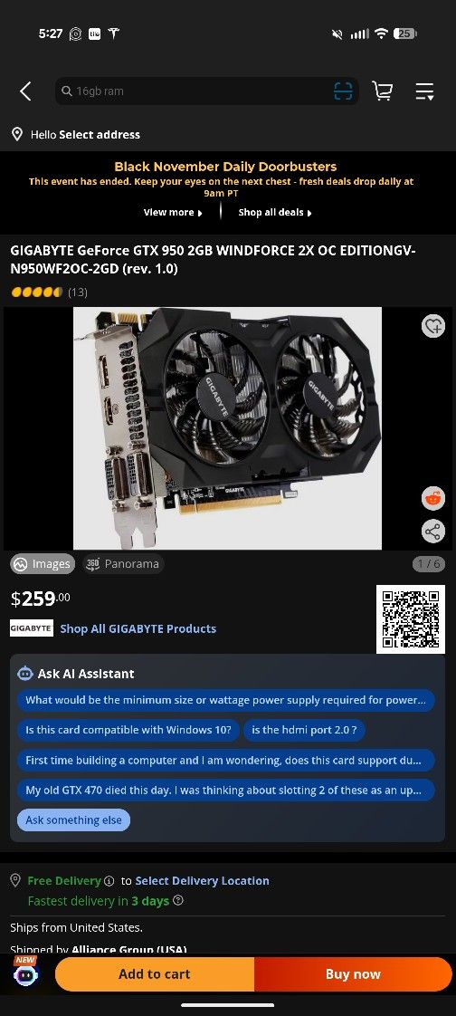 Gigabyte GeForce GTX 950 WINDFORCE 2X Video Card