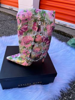 Azalea Wang Floral Brocade Crystal Heel Boot