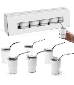 New 3oz Mini Tumbler lot of   6 Shot Glass Straw an Lid White Stainless Steel