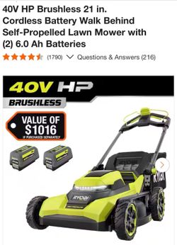 ryobi 40V HP Brushless 21 in. lawn mower w/(2) 6 Ah batteries