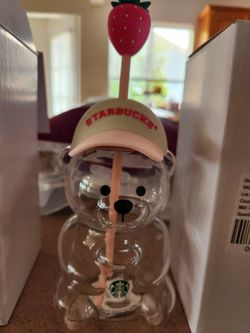 Starbucks Bear Glass Cup with Strawberry Straw