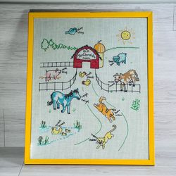 Old McDonald's Farm vintage framed embroidered Crosstitch nursery picture animals decor baby room with
