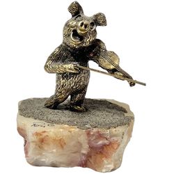 Vintage Ron Lee Pig Playing Fiddle Violin Figurine 1980s Gold Plated Onyx Stone