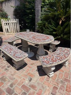 Outdoor mosaic table and benches