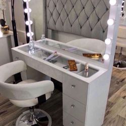 New Glass Top Make Up Vanity Desk With Mirror & Lights