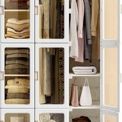 Portable Wardrobe Closet Storage Organizer for Clothes,Suitable for Living Room, Bedroom,Plastic Wardrobe with Magnetic Transparent Door and Easy Asse