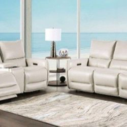 Brand New Beige Top Grain Leather Power Reclining Sofa And Love Seat