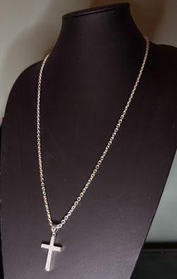 24” Heavy Sterling Silver Paved Cross Pendant Necklace