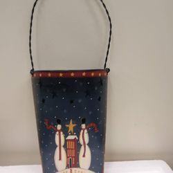 Navy Metal Snowman Tealight Or Votive Candle Wall Bucket