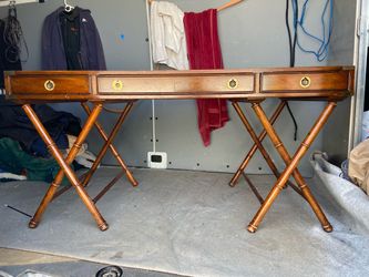 Vintage Campaign Distressed Leather Top Bamboo Executive Desk By Drexel Heritage