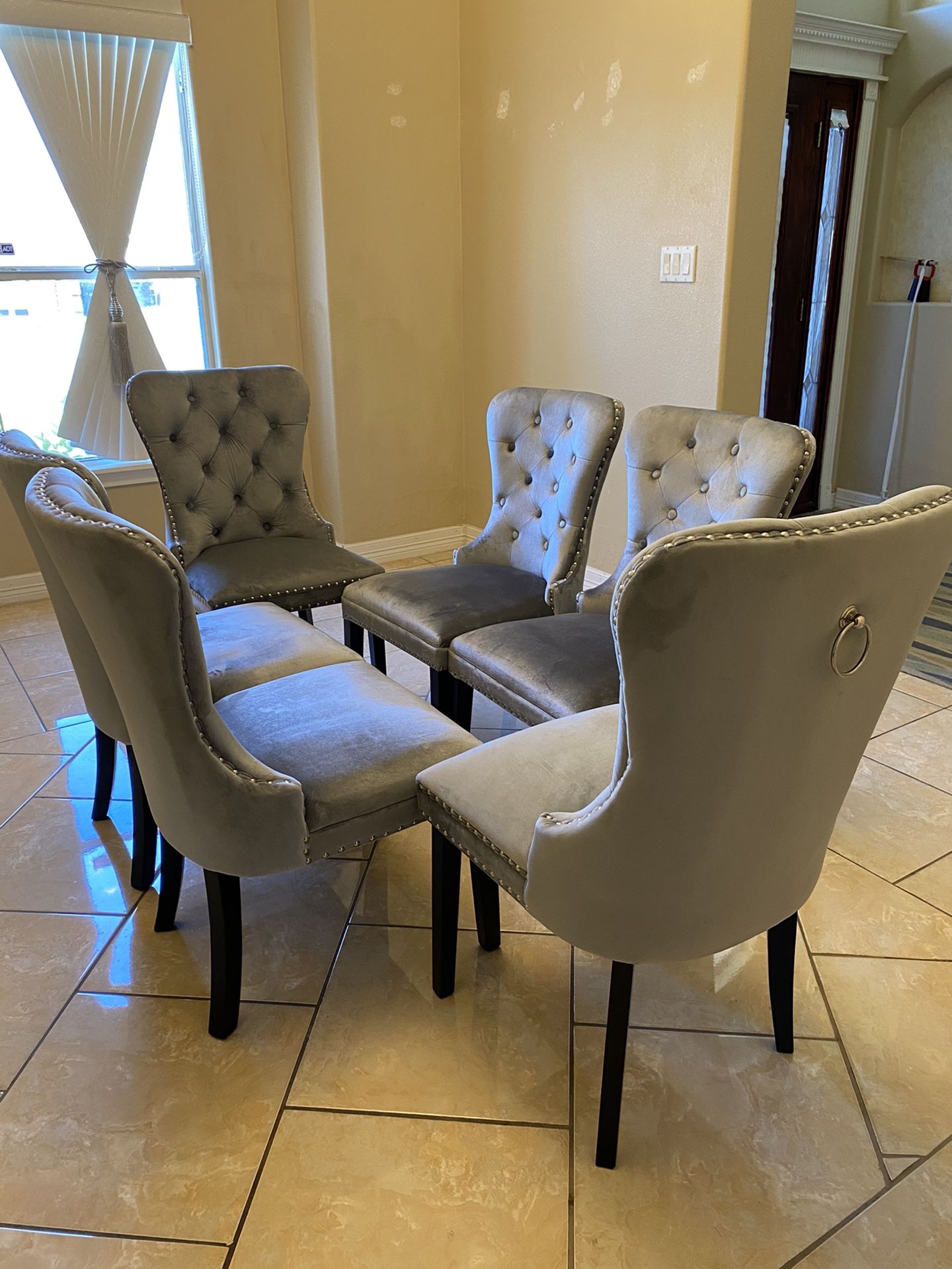 6 Grey Velvet Tufted Dining Chairs