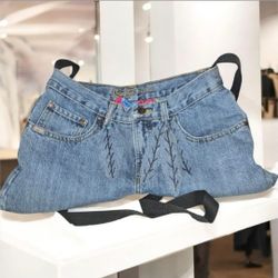 Handmade Cruel Girl Denim Jeans with Pink and Blue Accents Feathers