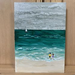 Couple Walking by the Ocean Original Acrylic Painting With Beautiful Colors, Artist Signed, 5 x 7