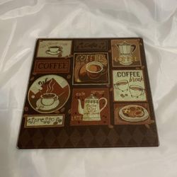 Square Coffee-Themed Tempered Glass Trivet / Cutting Board 8”x8” Serving Plate