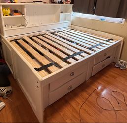 Full size, white, wood bed with under bed storage