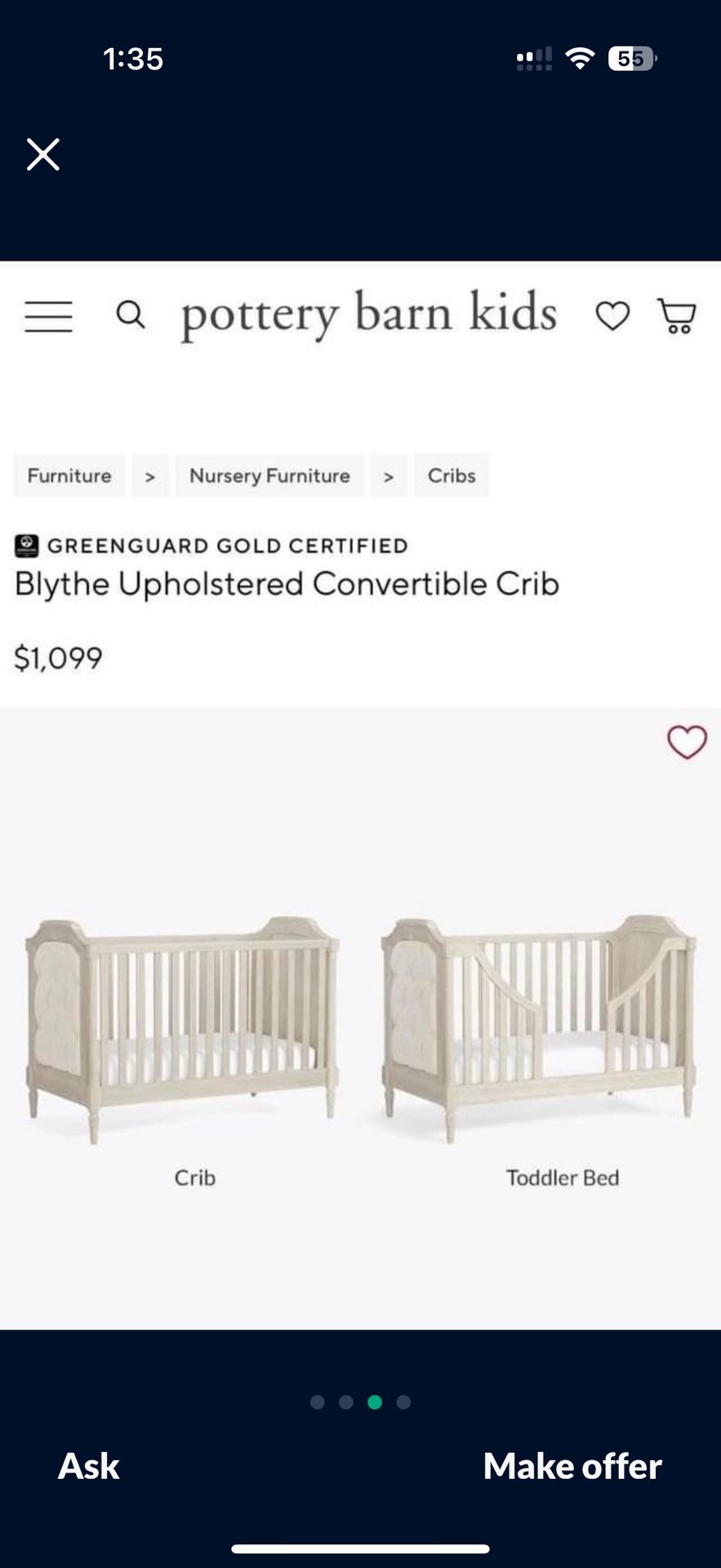 Pottery Barn Blyth Crib With Toddler Conversion 