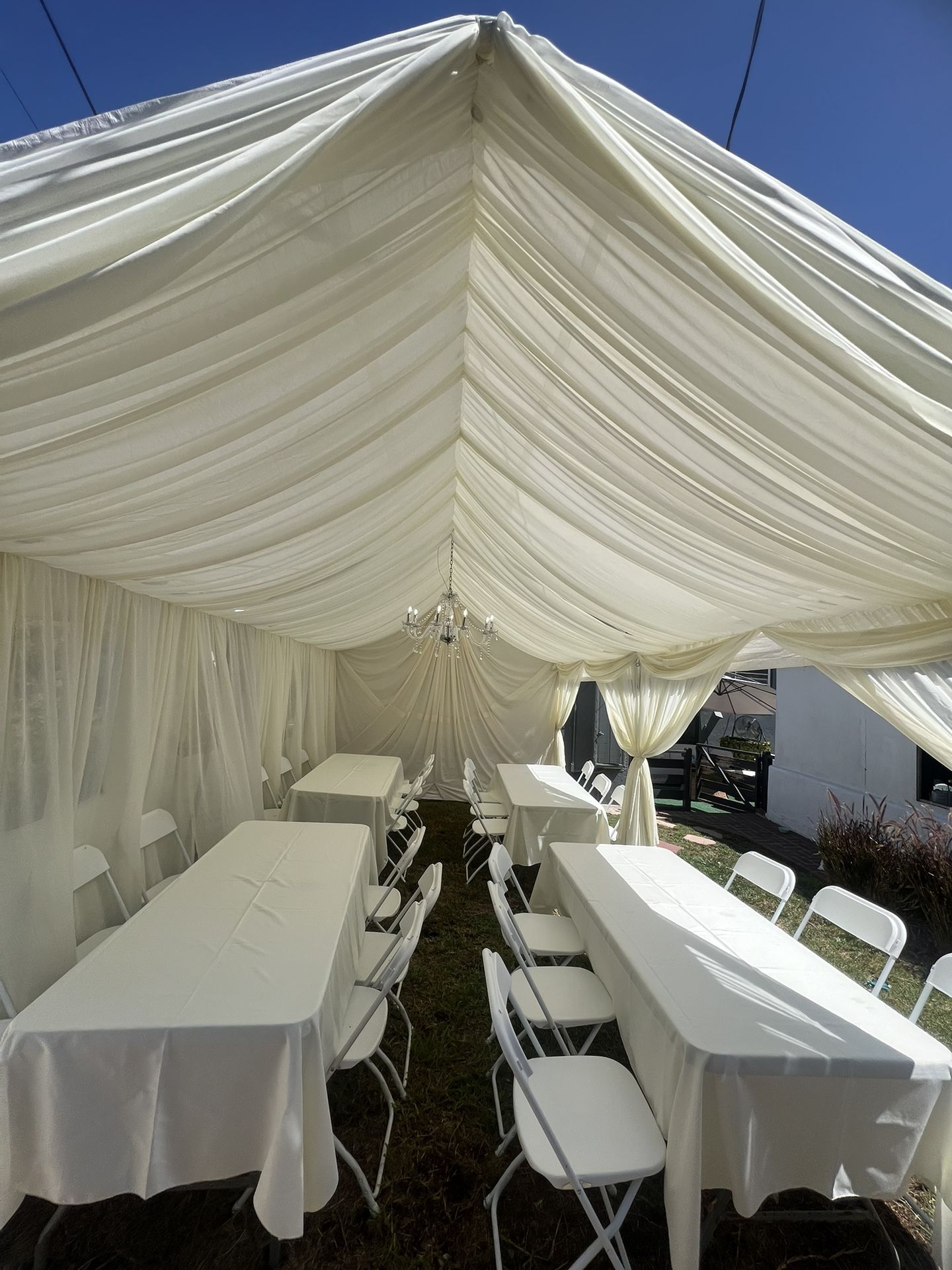 Tent 10x20 With Draping, 4 Tables , 24 Plastic Chairs , 4 Tablecloth $250