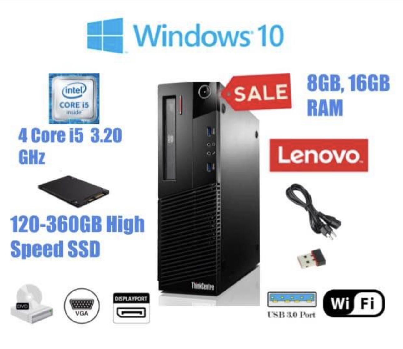 i5 Desktop Computer PC with 8-16GB RAM/120-360GB SSD/ Windows 10/ WiFi Adapter/ Power Cable