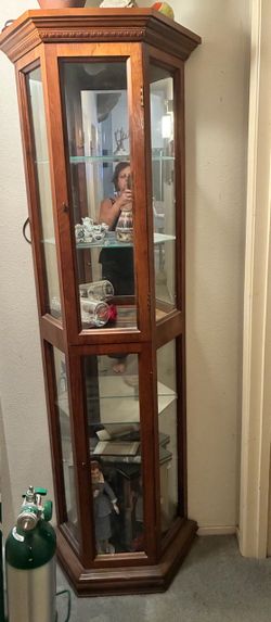 Tall Wood and Glass Curio Display Cabinet
